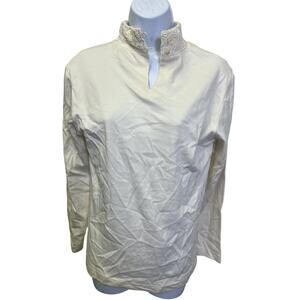 ✨ Donna Taran Women’s M Cream Split Neck Top Embellished Collar Minimal Chic